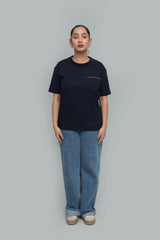 Unisex Classic Navy Blue Pocket T-Shirt – Minimal Text Detail | Premium Cotton