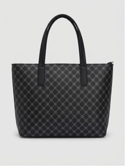 Back view of the black monogram tote bag showcasing the clean textured leatherette finish and sturdy top handles.