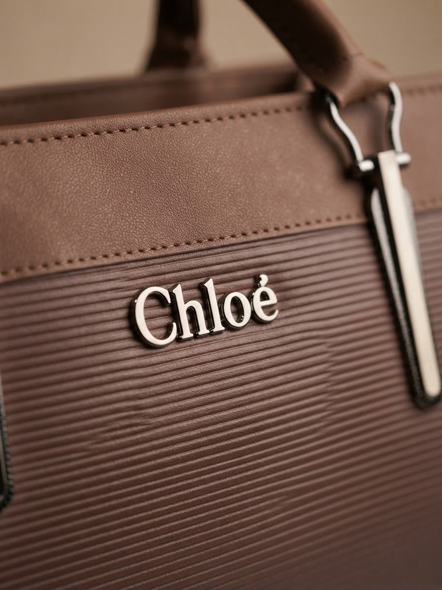 A close-up view of the "Chloé" logo in silver letters on a brown textured handbag.