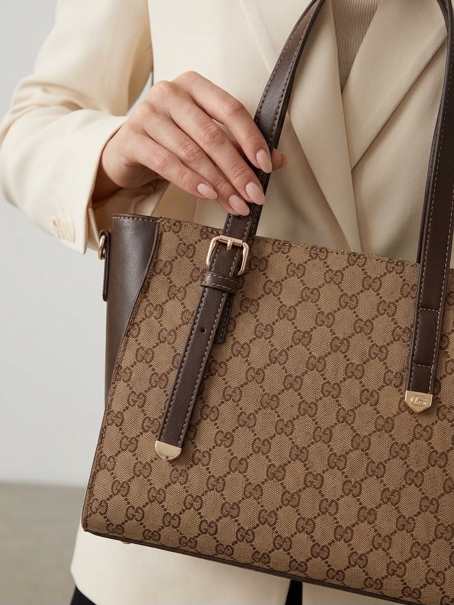 Close-up of a hand holding a brown leather handle attached to a beige and brown monogram tote bag.