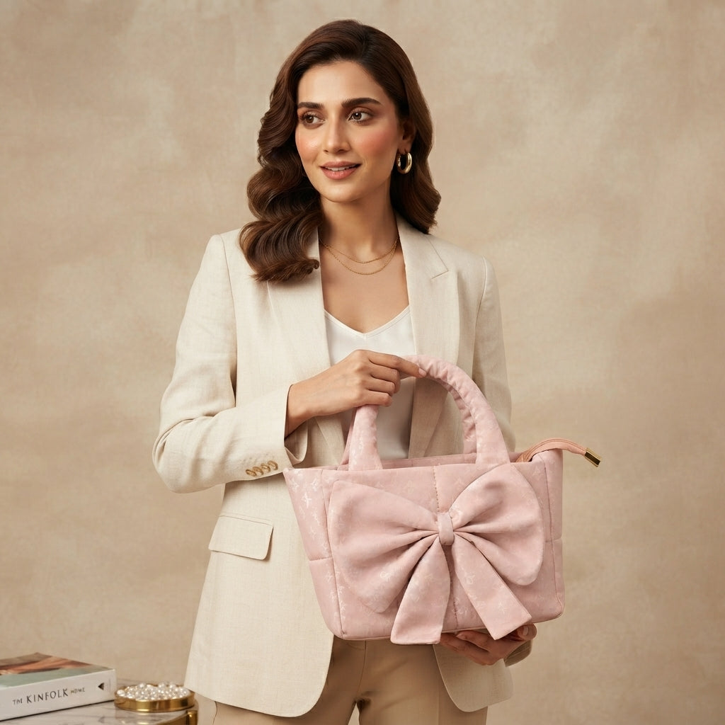 A model wearing a cream blazer and holding the pink quilted handbag with a large bow.