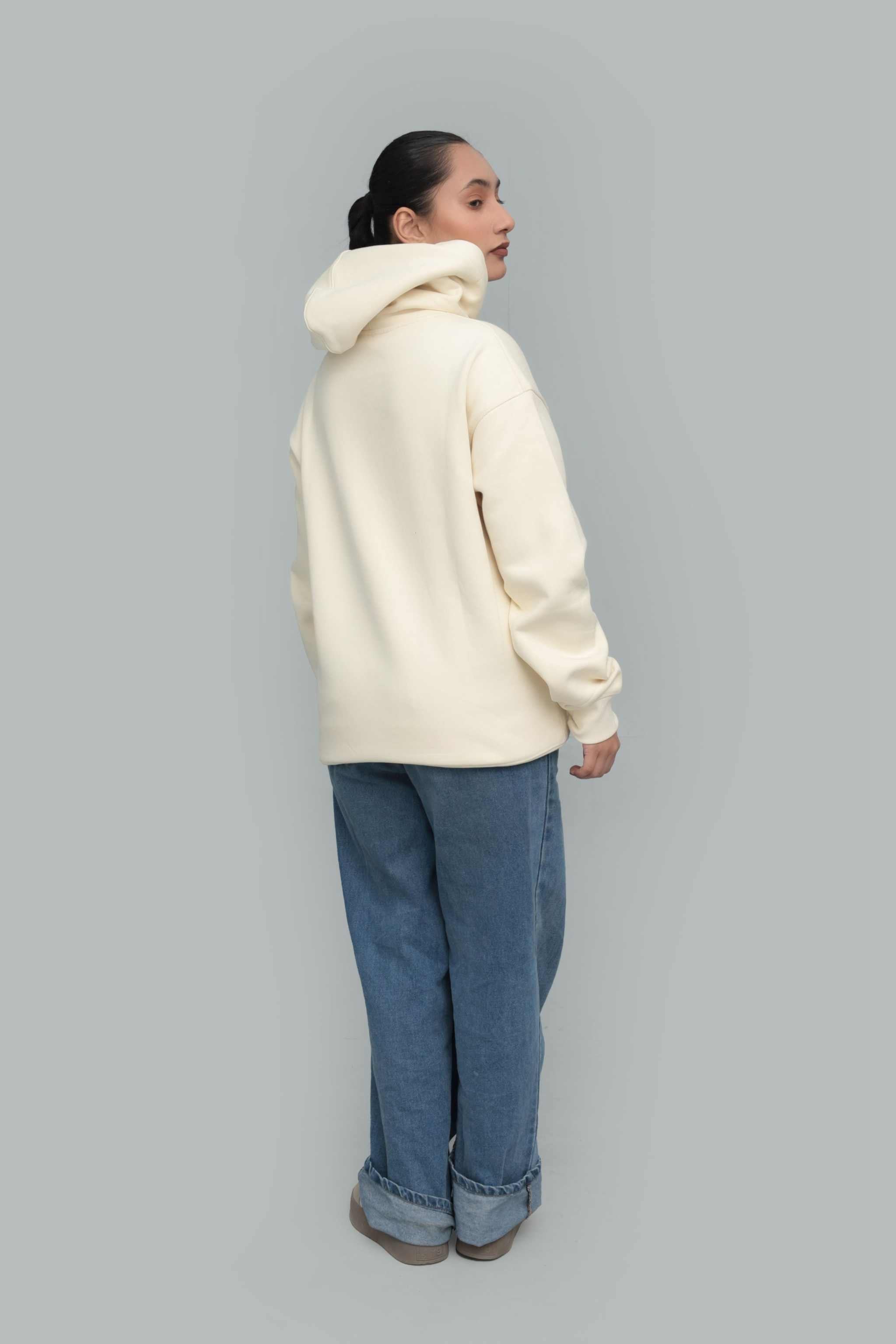 premium cream oversized hoodie in soft fleece fabric with a relaxed fit and a thick hood shown from the back