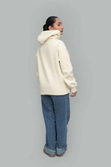 premium cream oversized hoodie in soft fleece fabric with a relaxed fit and a thick hood shown from the back
