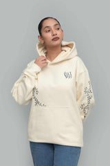 premium cream oversized hoodie in soft fleece with grey floral sleeve embroidery and kangaroo pocket