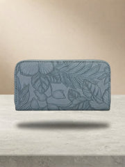 Rear view of the blue textured wallet with the same embossed pattern.