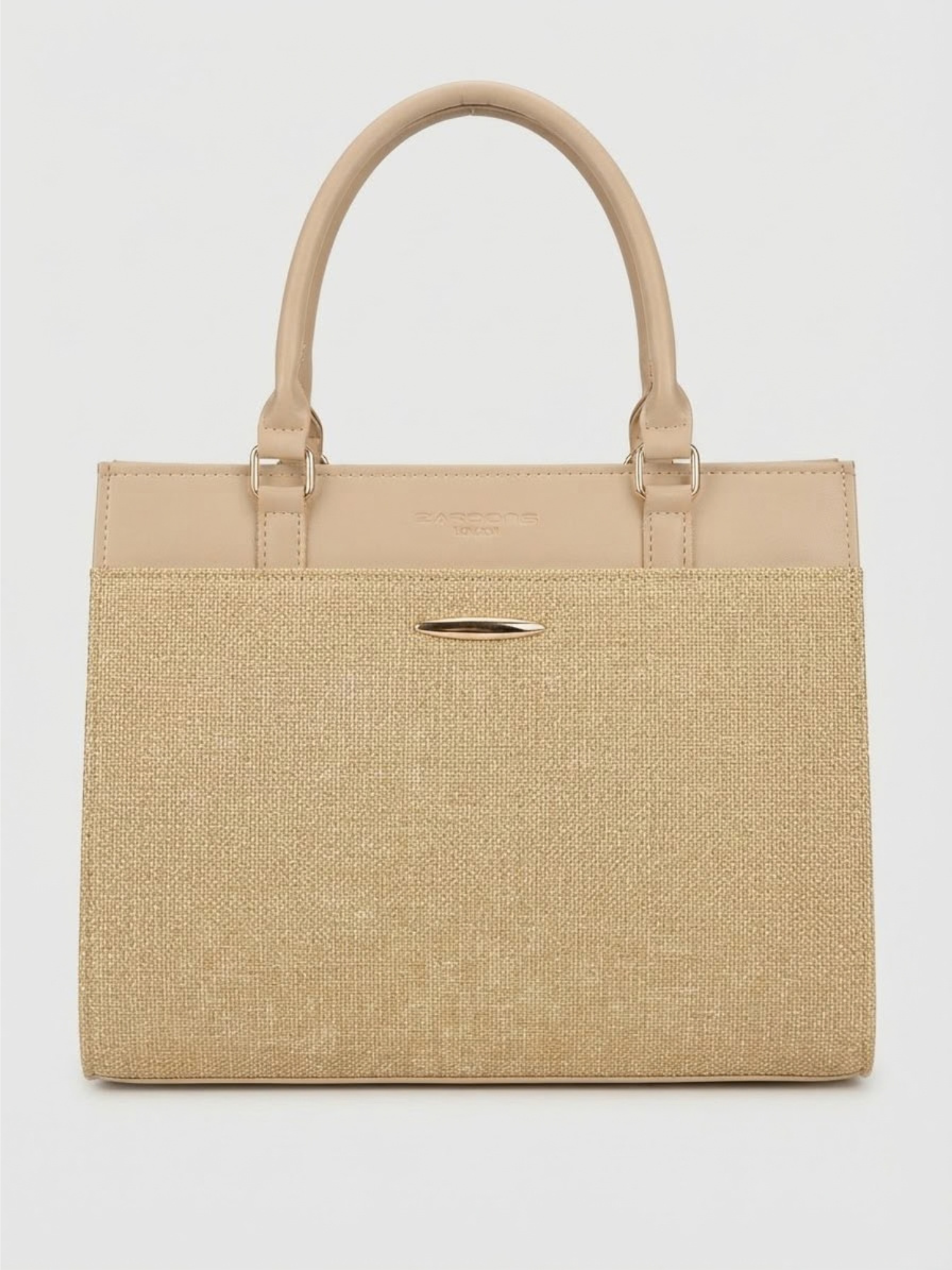 Front view of the Zaroons London structured beige handbag featuring a textured jute-blend panel, dual top handles, and a gold-tone metal accent.
