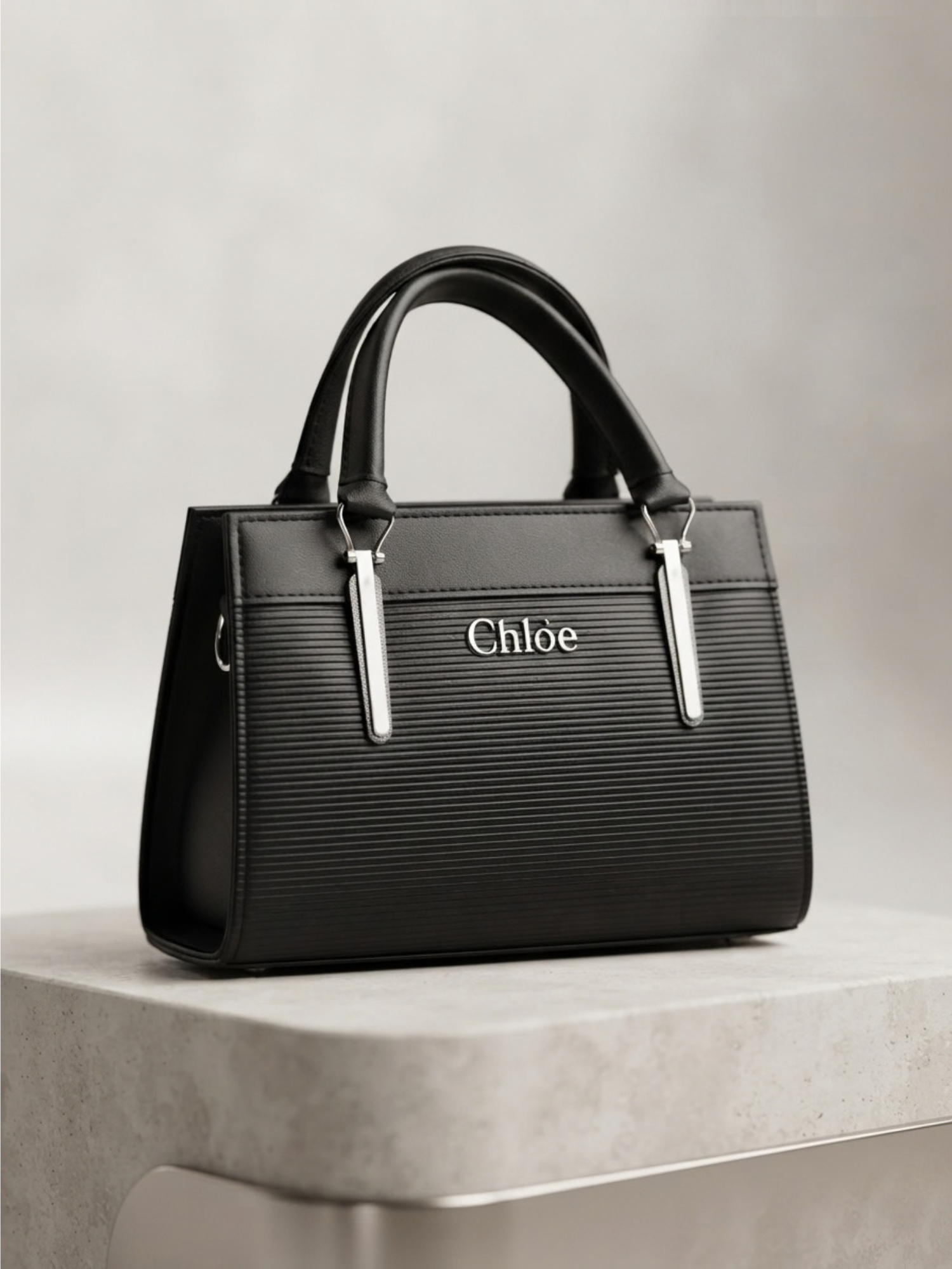 Black textured handbag with silver Chloè logo on a pedestal.