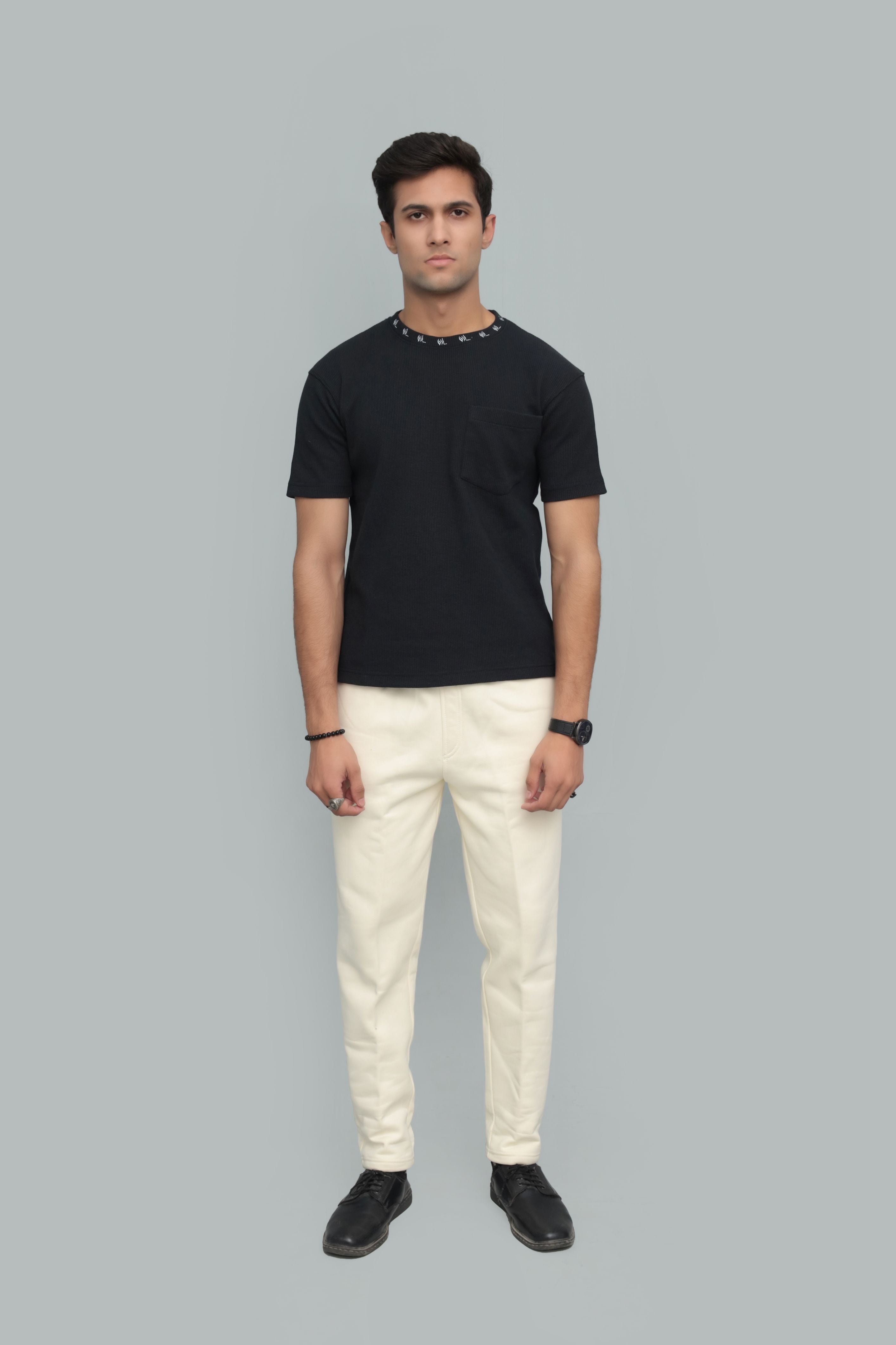 Unisex Black Textured T-Shirt – Signature Neckline Detail | Premium Casual Wear