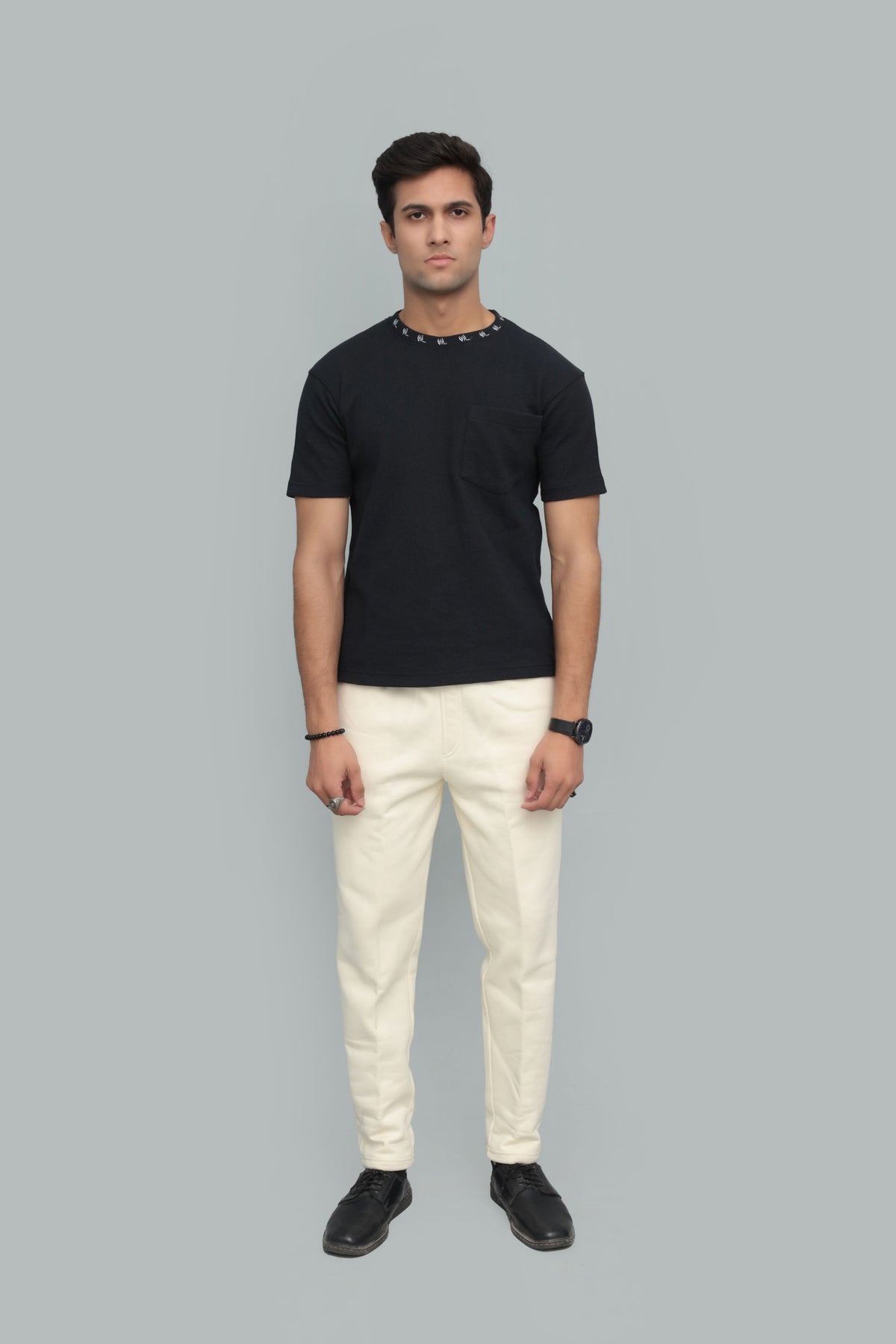 Unisex Black Textured T-Shirt – Signature Neckline Detail | Premium Casual Wear