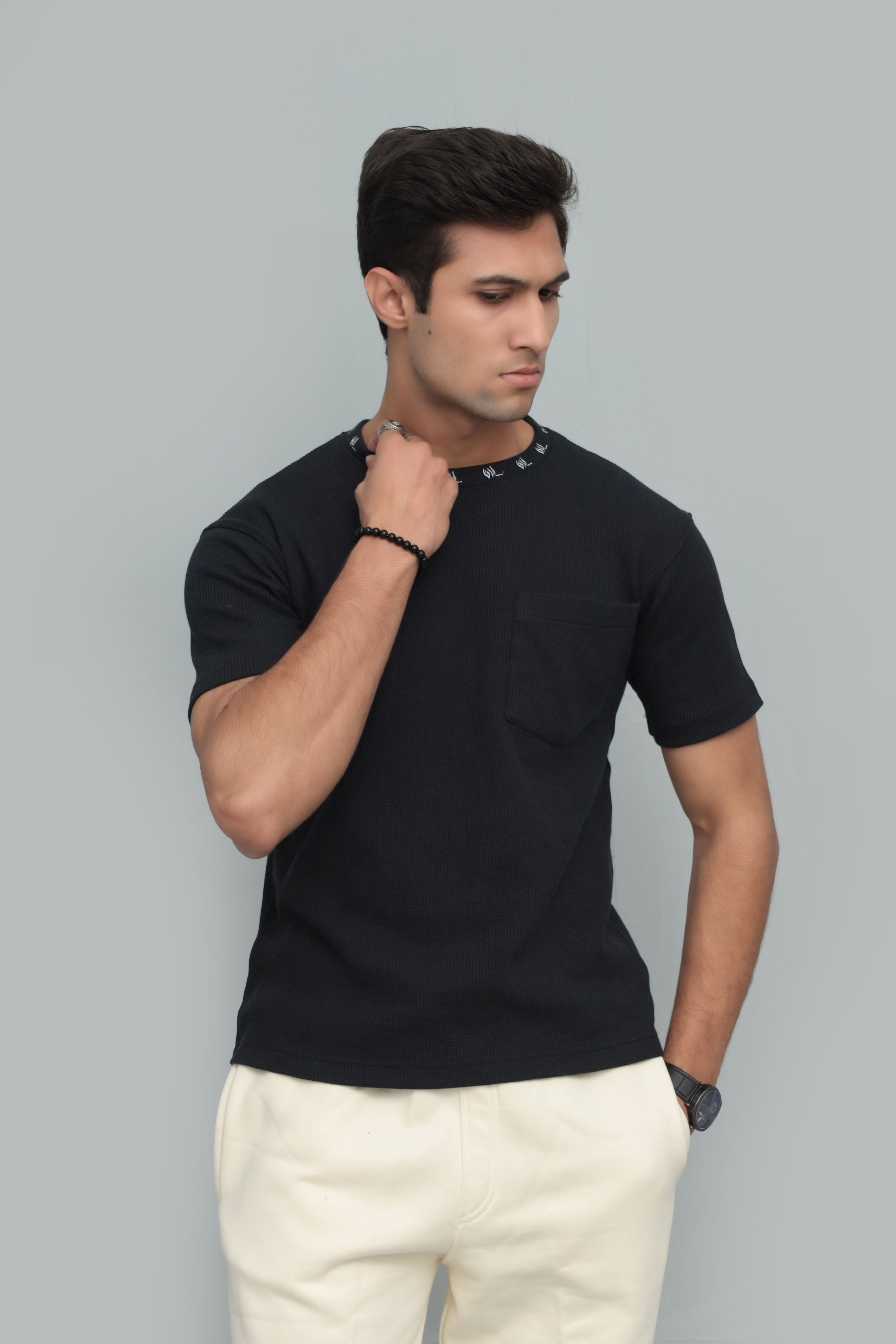 Unisex Black Textured T-Shirt – Signature Neckline Detail | Premium Casual Wear