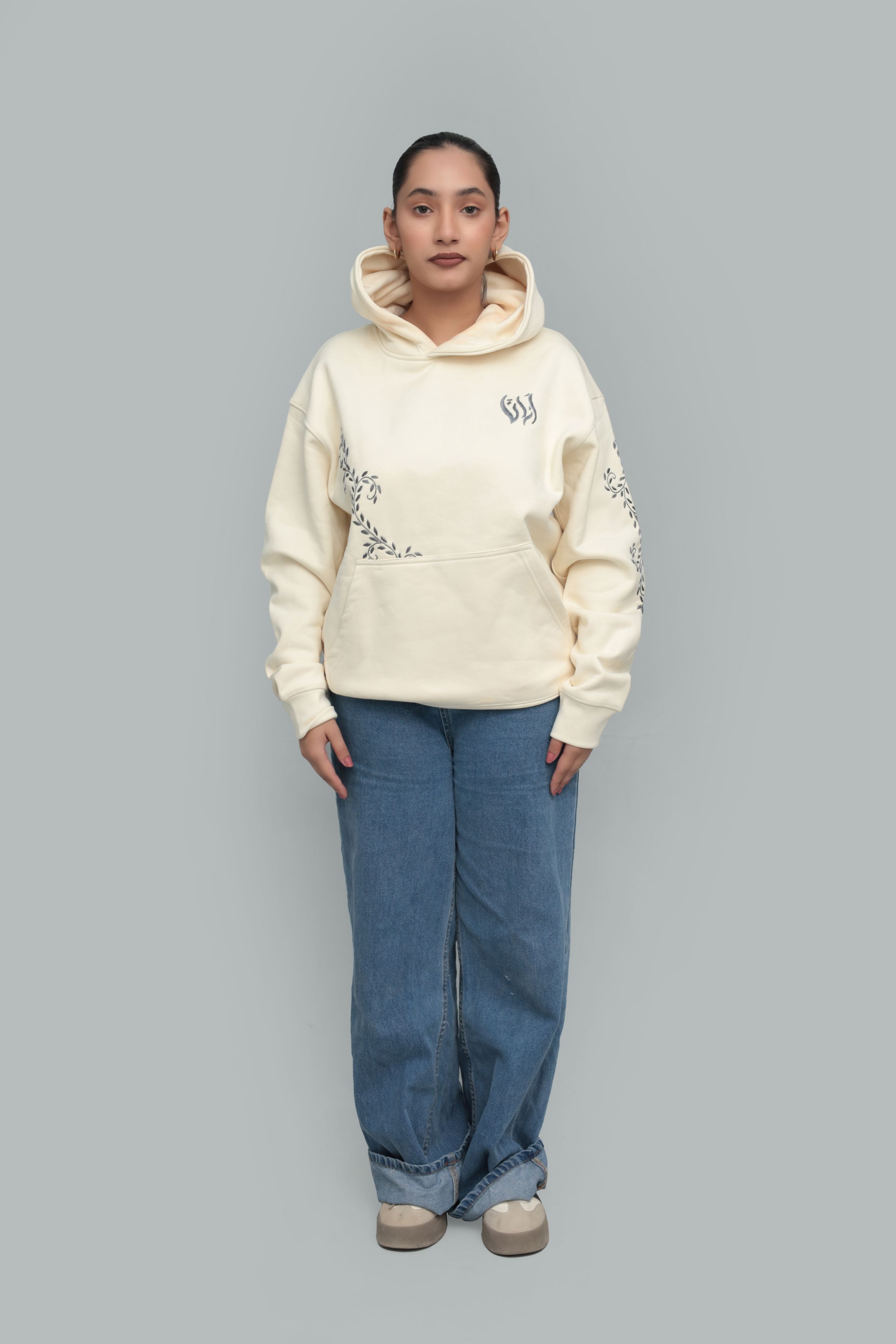 Cream Floral Embroidered Oversized Hoodie