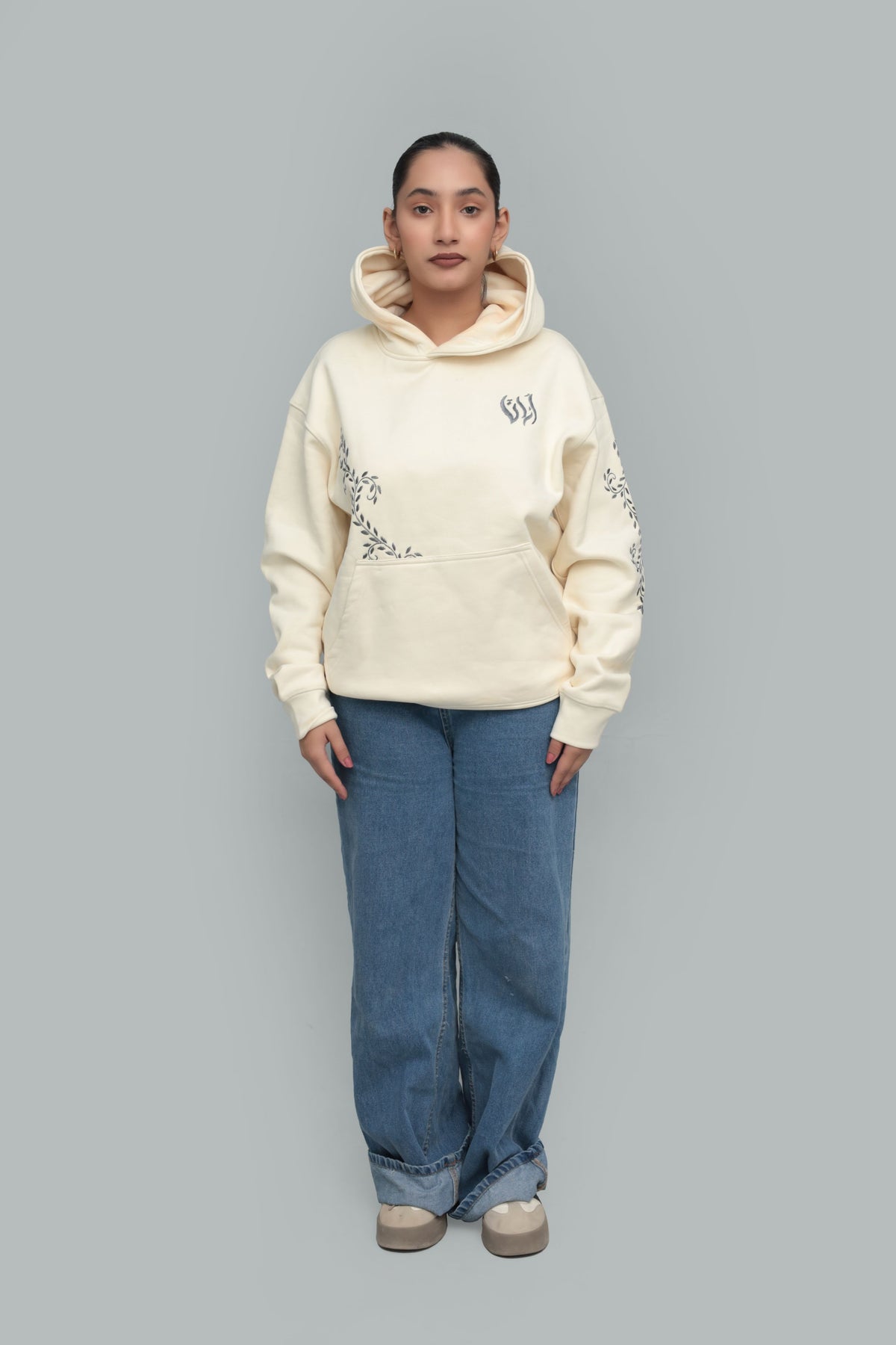 Cream Floral Embroidered Oversized Hoodie