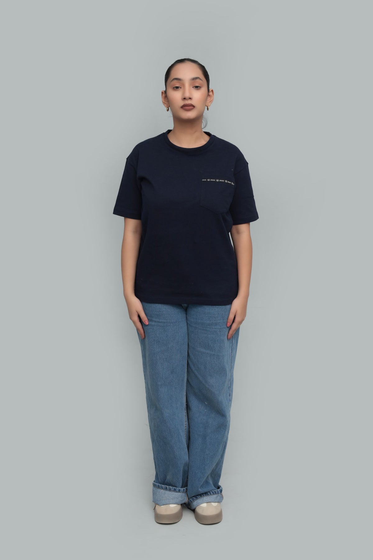 Unisex Classic Navy Blue Pocket T-Shirt – Minimal Text Detail | Premium Cotton