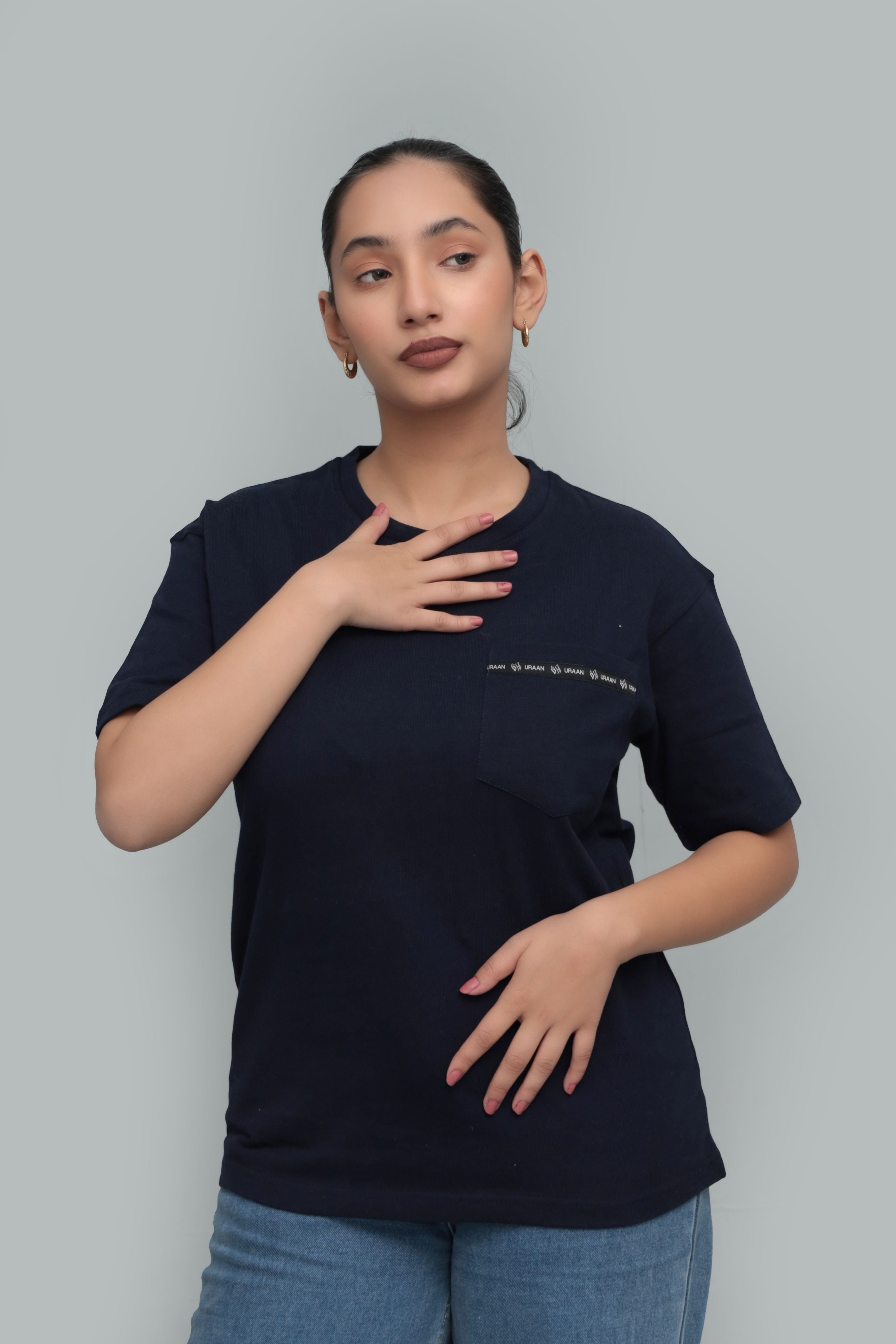 Unisex Classic Navy Blue Pocket T-Shirt – Minimal Text Detail | Premium Cotton