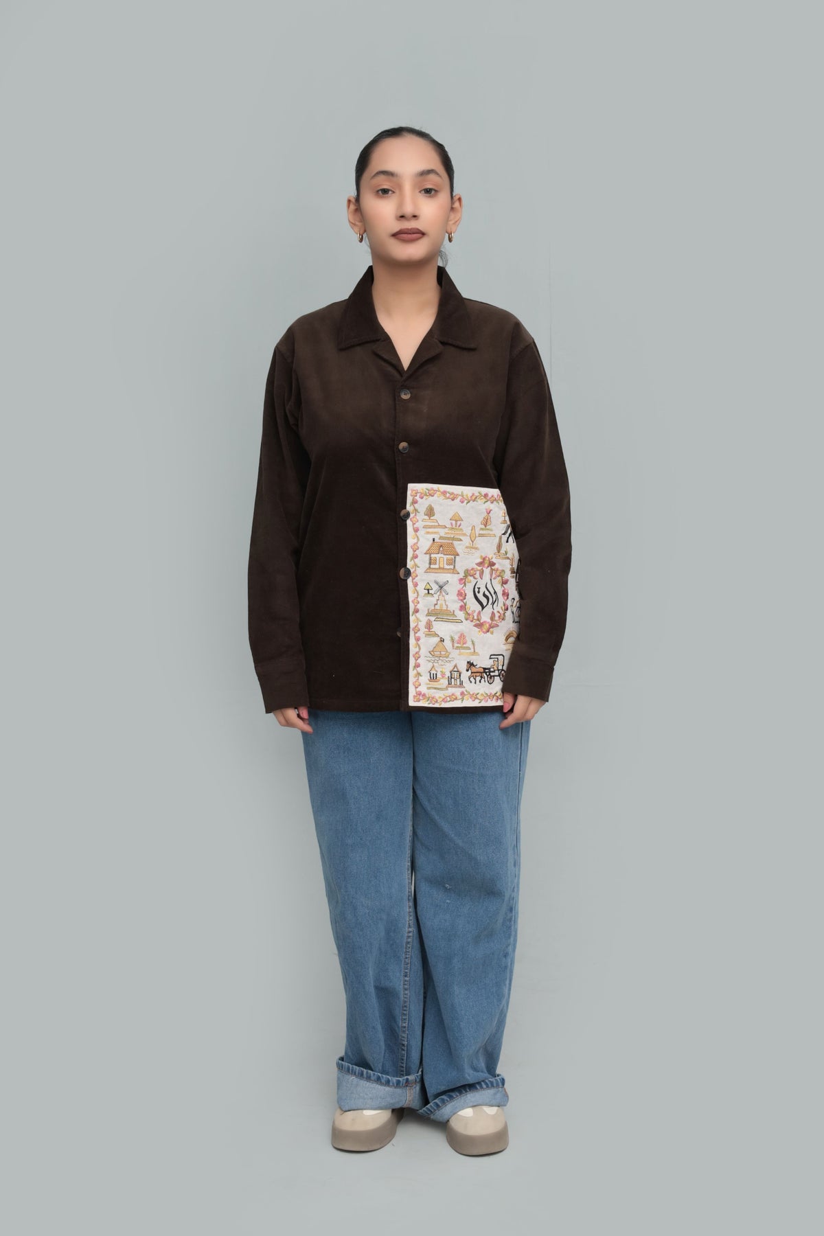 Unisex Premium Brown Oversized Shirt – Handcrafted Embroidered Patch Detail