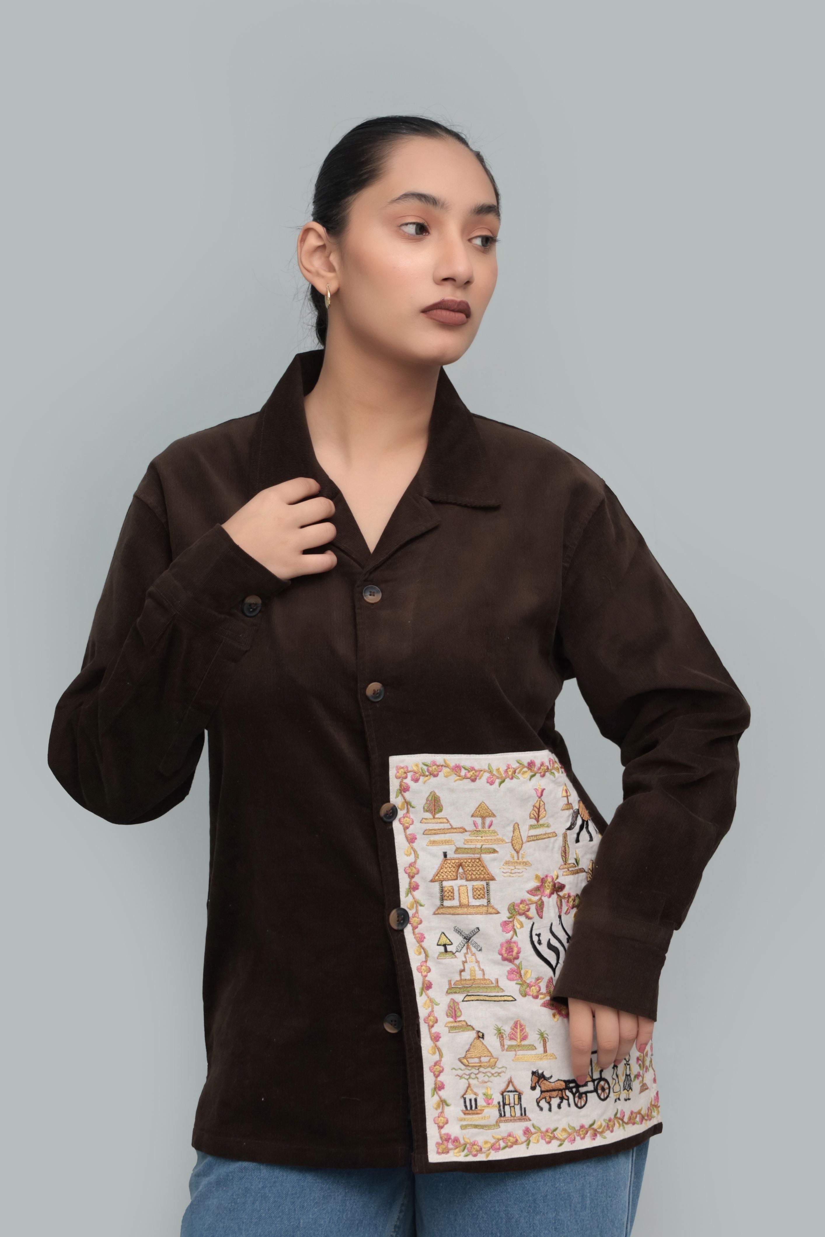 Unisex Premium Brown Oversized Shirt – Handcrafted Embroidered Patch Detail