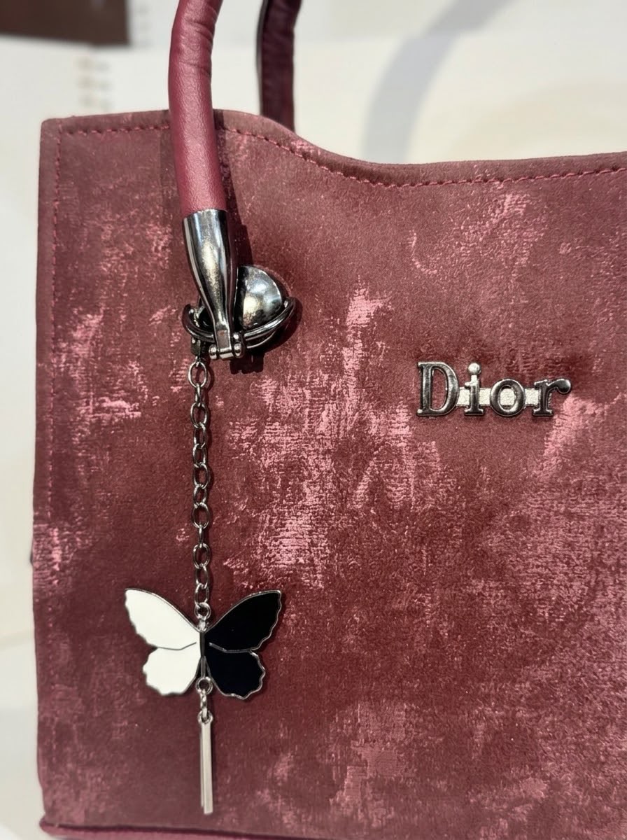 Close-up of 'Dior' logo and butterfly charm on the burgundy velvet bag.