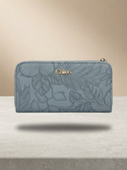 Front view of the blue textured wallet with a gold 'Chleo' logo.