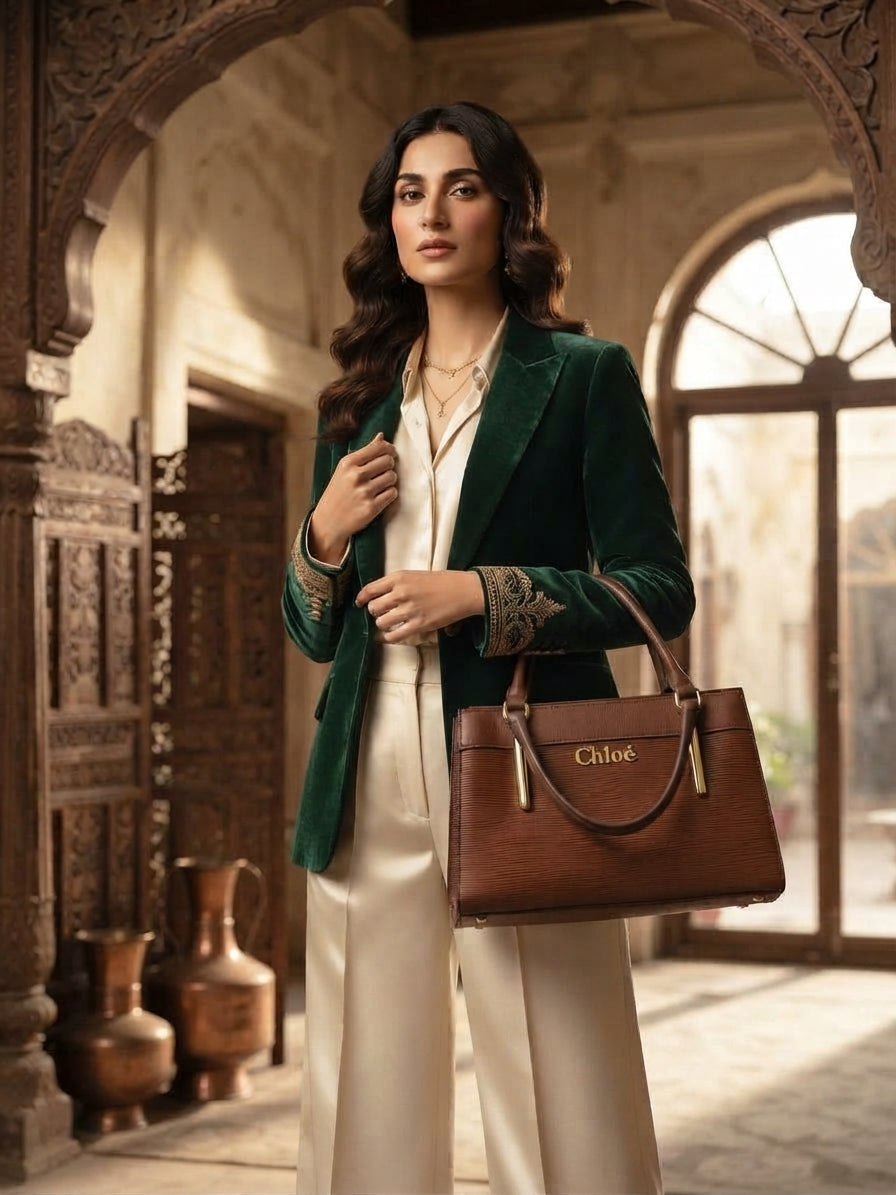 A model wearing a green blazer and holding the brown Chloé handbag stands in an ornate archway.