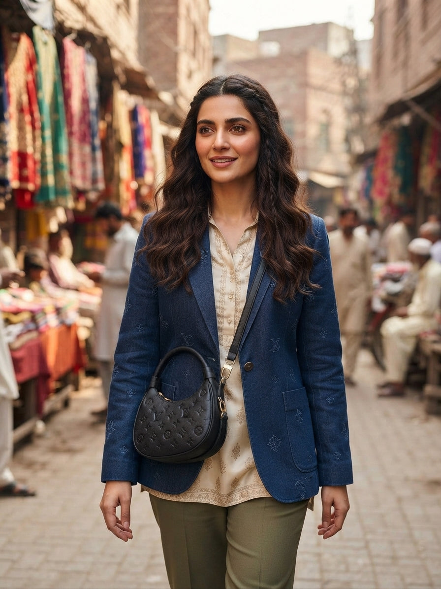 A model in an embroidered denim blazer and traditional South Asian attire, walking and smiling on a bustling street, wearing the black Louis Vuitton Loop bag across her body.
