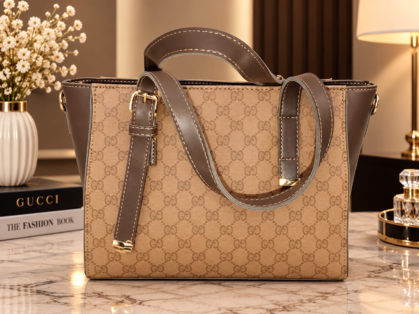A beige and brown monogram tote bag with a brown leather strap and buckle, displayed on a marble table near a flower vase and perfume bottle.