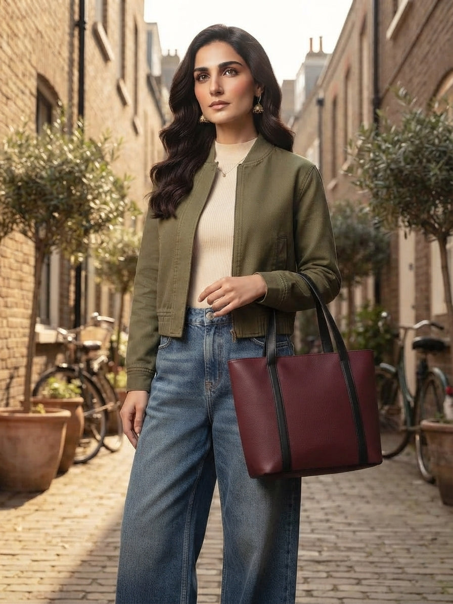 Pakistani model wearing an olive bomber jacket and holding the maroon textured tote bag on an urban street.