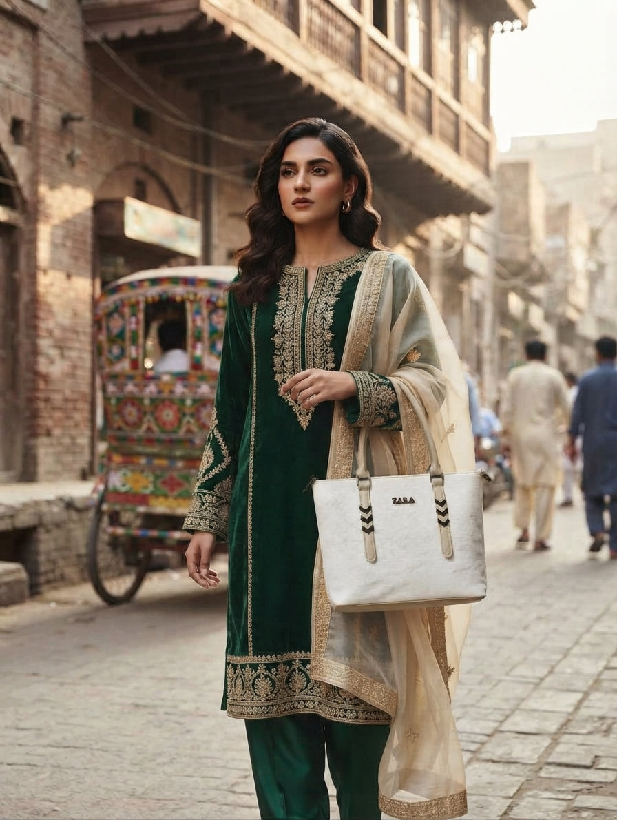 Pakistani model wearing a traditional green embroidered outfit while carrying the white structured tote bag on a historic street.