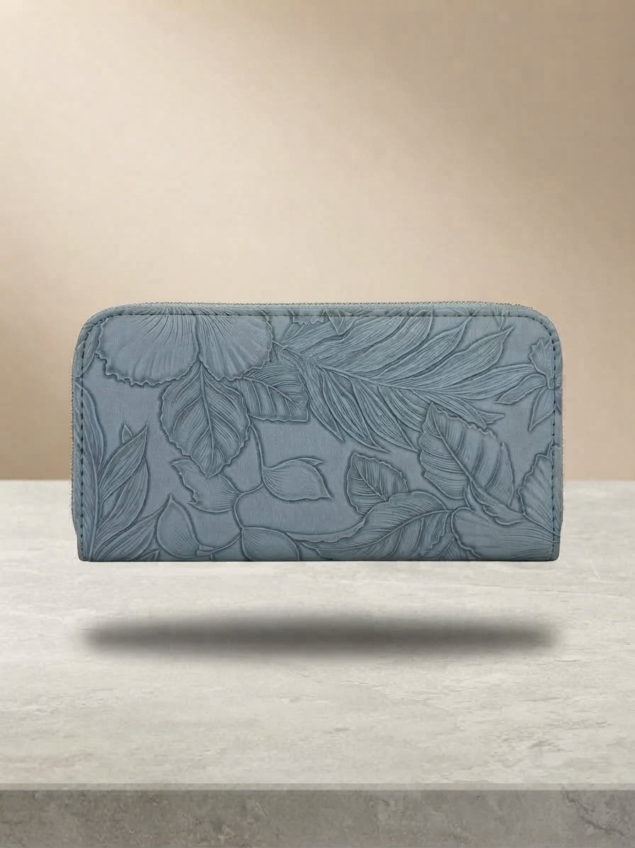 Rear view of the blue textured wallet with the same embossed pattern.