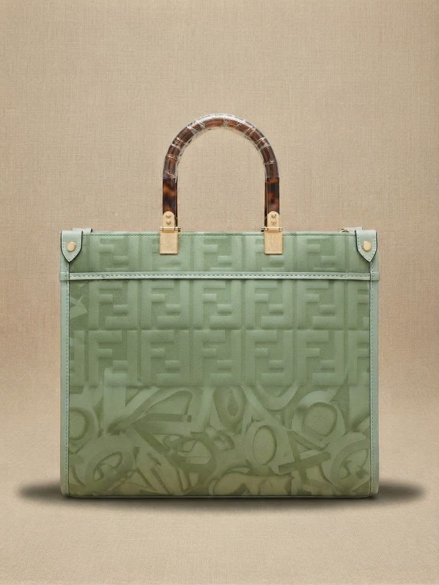 Back view of a sage green Fendi tote bag with an embossed logo pattern and tortoiseshell top handles.