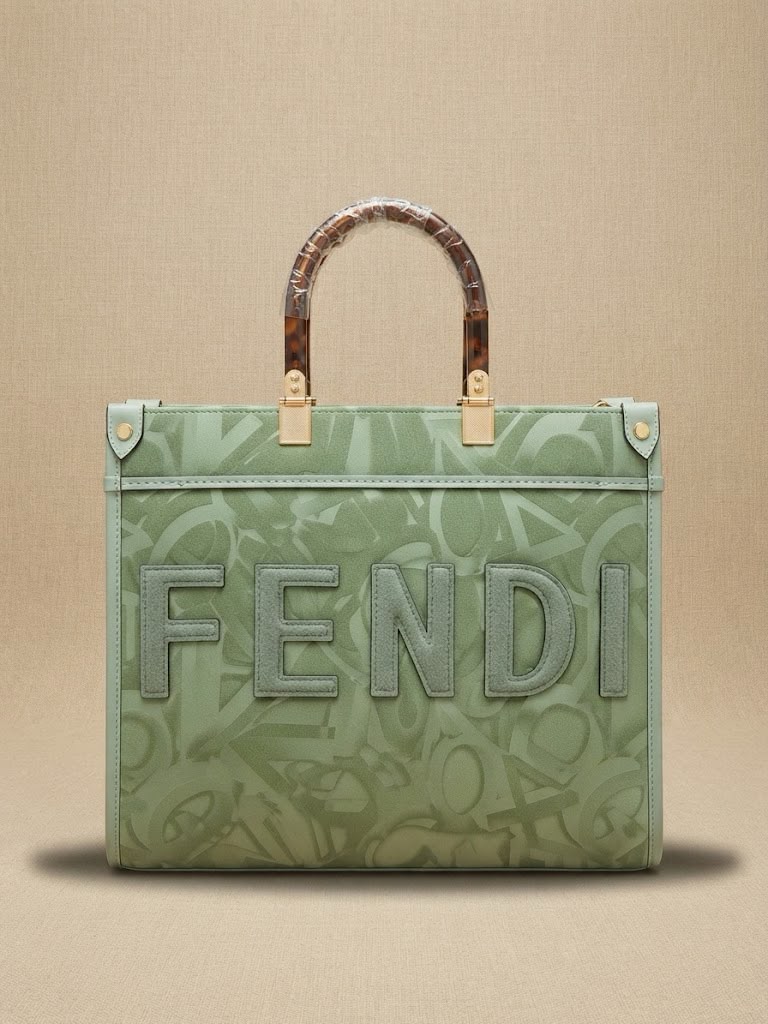 Front view of a sage green Fendi tote bag with an embossed logo pattern and tortoiseshell top handles.