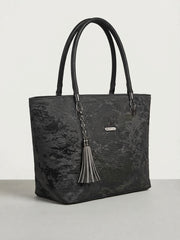 A three-quarter view of the same charcoal grey tote bag on a white background.
