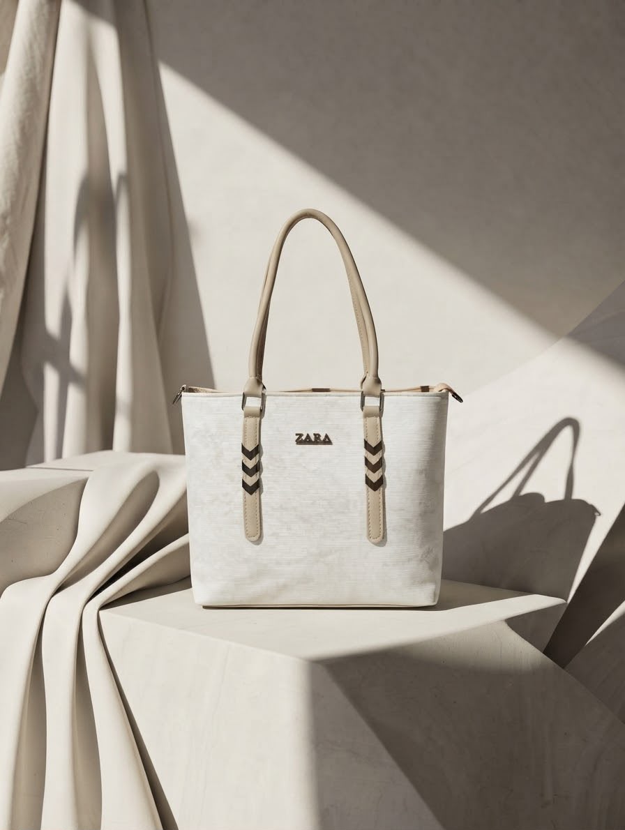 Front view of a white textured leather tote bag with top handles and chevron hardware accents displayed on a minimalist studio podium.