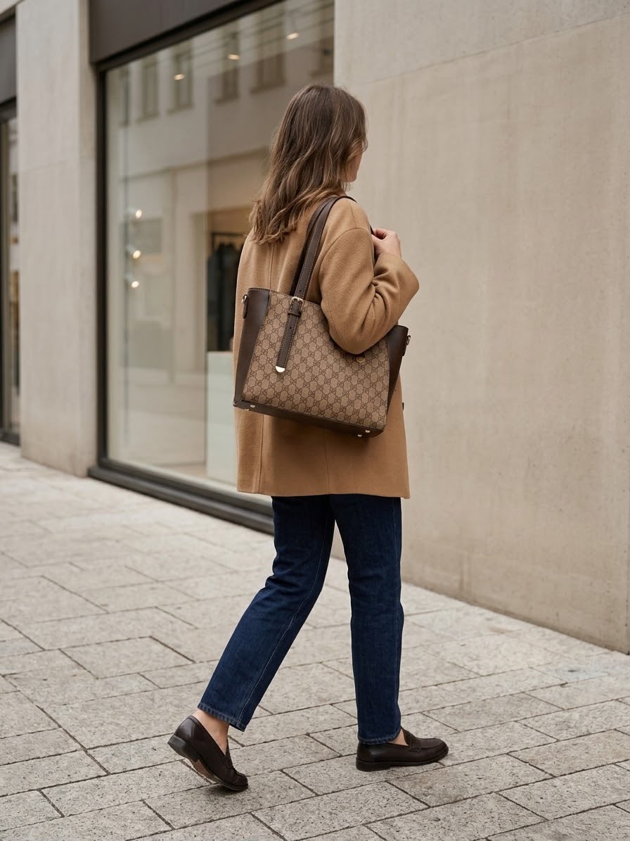 A woman in a camel coat and blue jeans carries a brown and beige monogram tote bag while walking down a city street.