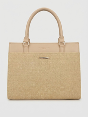 Front view of the Zaroons London structured beige handbag featuring a textured jute-blend panel, dual top handles, and a gold-tone metal accent.